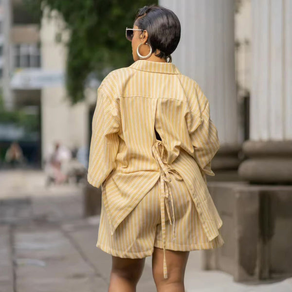 Plus Size Lace-Up Backless Striped Shirt & Shorts Set