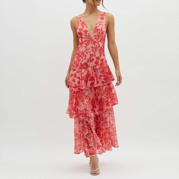 Printed Strap Cascading Ruffle Dress for Summer Events