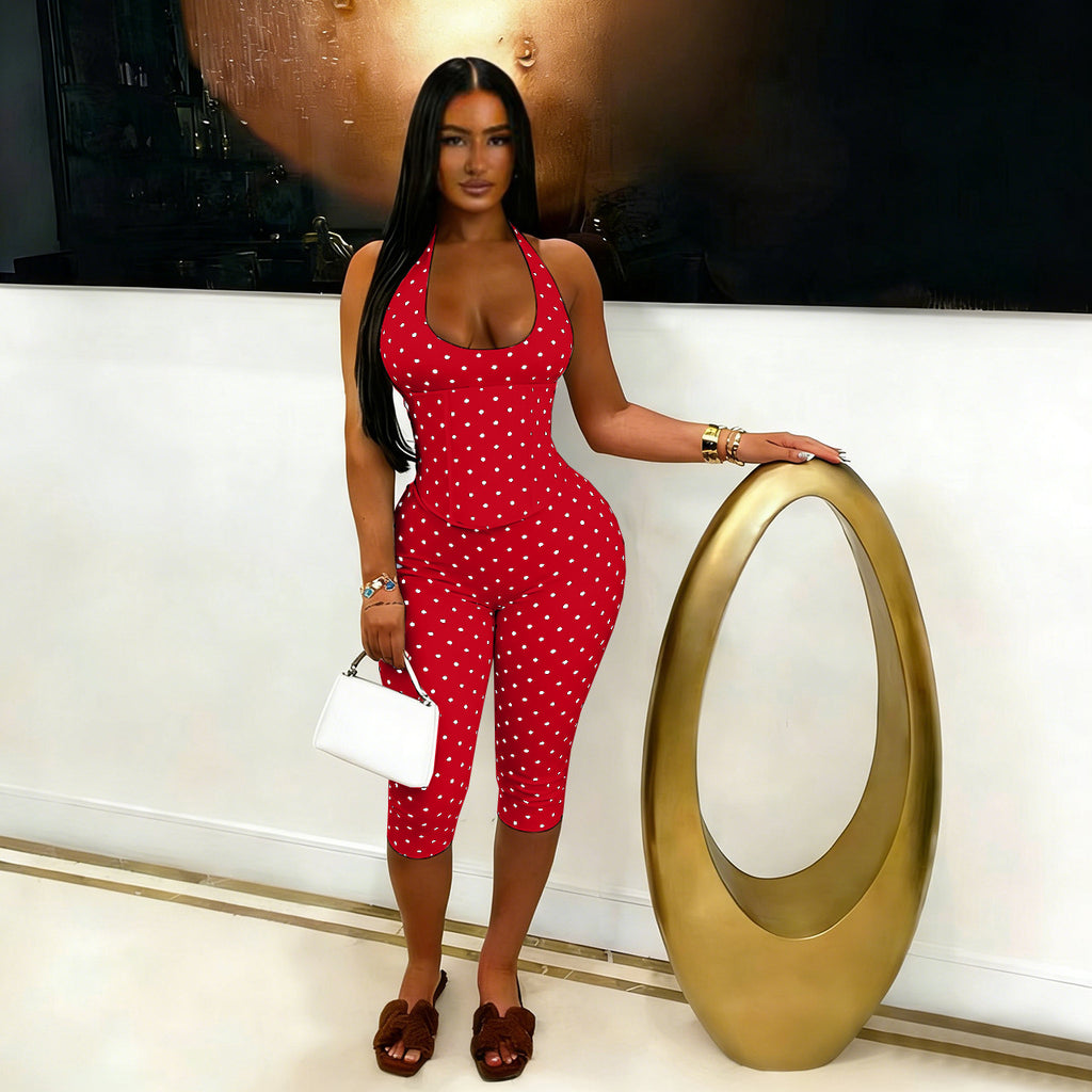 Halter Polka Dot Fishbone Zip Seven-Point Jumpsuit