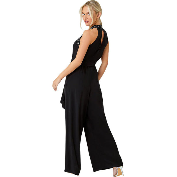 Black Halter Neck Beaded Belted Jumpsuit for Elegant Parties
