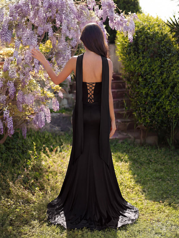 Black Lace Fishbone Waist Cincher Slit Dress for Formal Parties