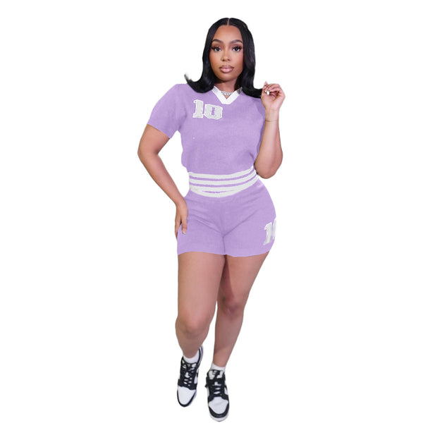 Turndown Collar Contrast Knit Top & Shorts Set for Summer