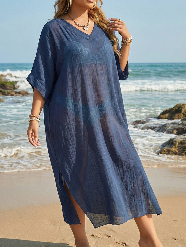 Plus Size V-Neck Loose Slit Beach Cover-Up Maxi Dress for Summer