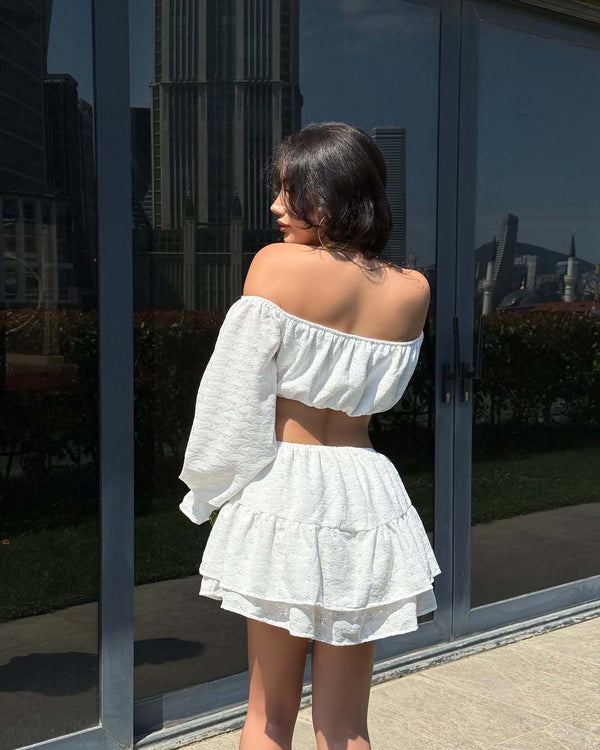 Off-Shoulder Lantern Sleeve Top & Ruffled Skirt Set for Events