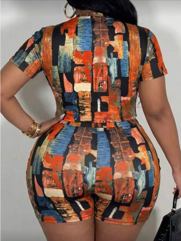 Printed Short-Sleeve Top & Shorts Two-Piece Set for Casual Wear