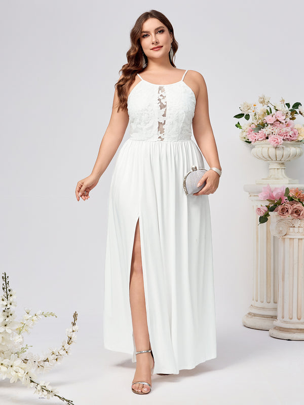 Plus Size Women Suspender Backless Solid Slit Hollow Sexy Dress