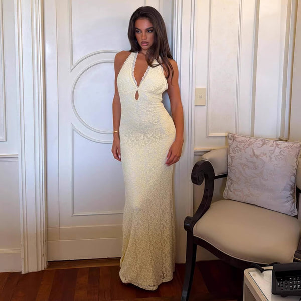 Women Sexy Lace Tie Halter Neck Bodycon Dress