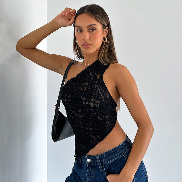 Women Summer Solid Asymmetrical Slash Shoulder Sleeveless Lace Top