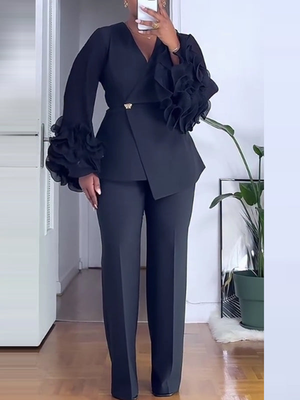Long Sleeve Blazer & Ruffled Pants Two-Piece Set for Spring & Summer