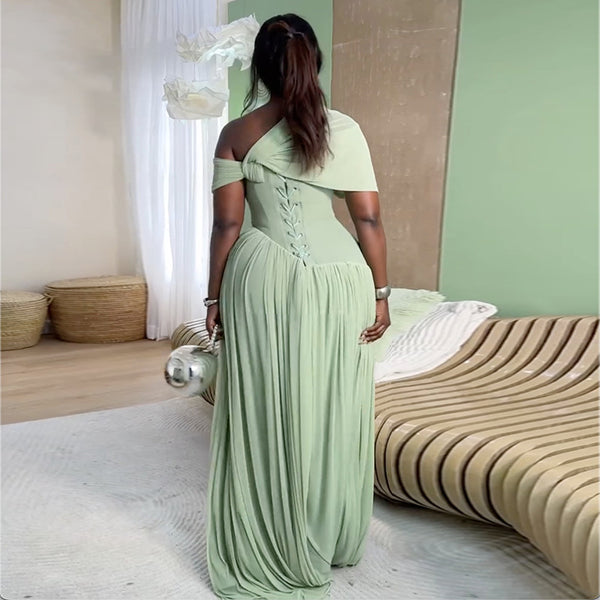 Slash Shoulder Ruffled Tie-Waist Short-Sleeve Dress for Summer