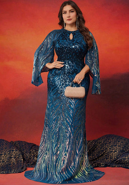 Plus Size Women Strechy Gradient Sequin Round Neck Long Sleeve Split Sleeve Cocktail Dinner Evening Dress