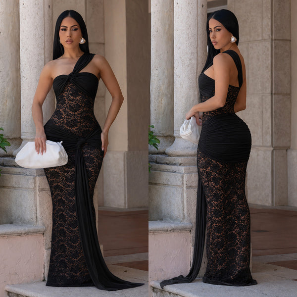 Lace Slash Shoulder Ribbon Bodycon Dress for Evening Parties