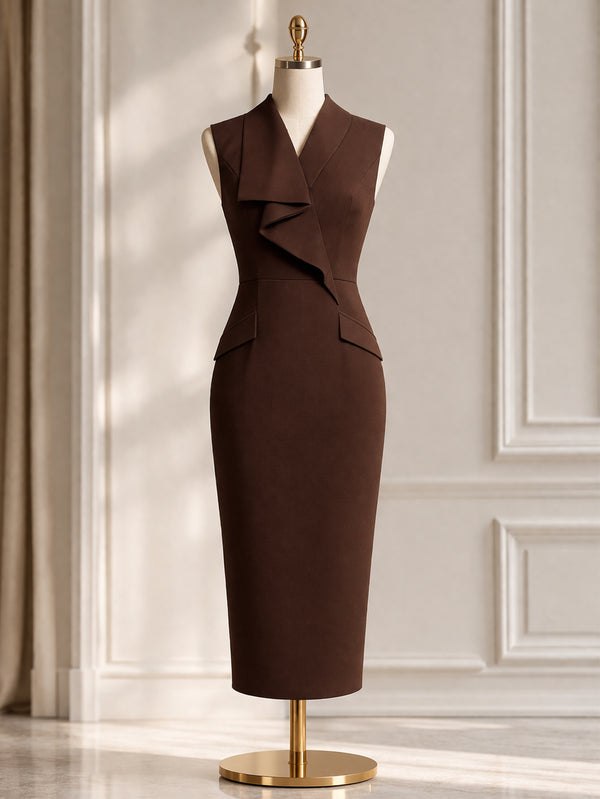 Sleeveless Suiting-Fabric Ruffle Bodycon Dress for Career Wear