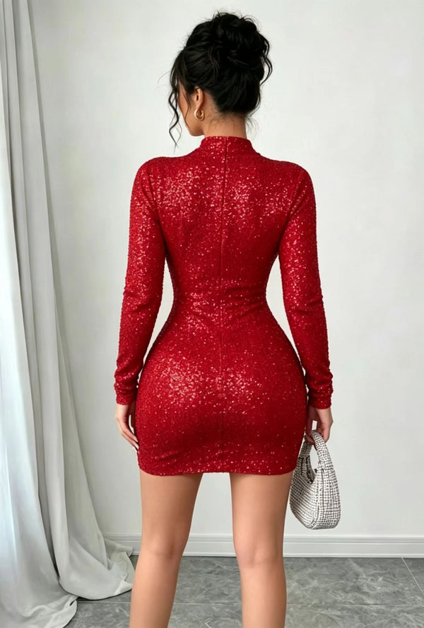 Long Sleeve Cut-Out Sequin Dress for Evening Parties