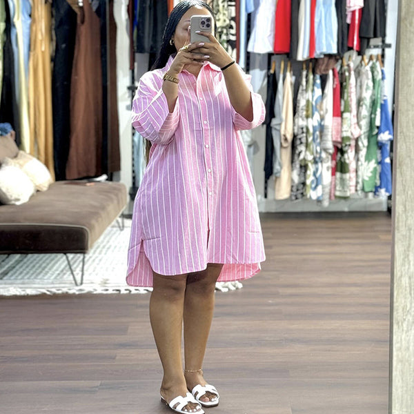 Striped Button-Down Long Sleeve Shirt Dress for Spring Casual