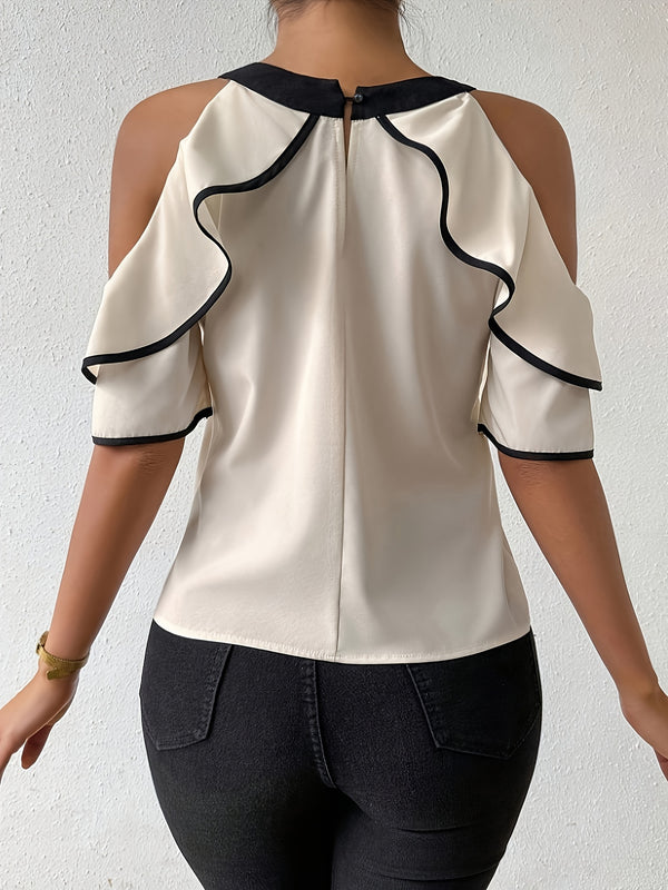 Ruffle Short Sleeve Bow Blouse for Career & Office Wear