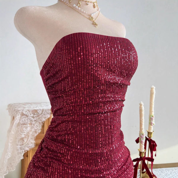Strapless Sequin Low Back Ruffle Bodycon Dress for Evening Parties