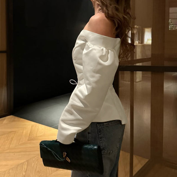 Off-Shoulder Pleated Lace-Up Top for Spring Wear