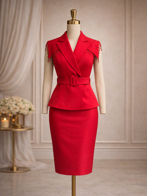 Pearl Embellished V-Neck Skirt Suit Two-Piece Set for Formal Wear