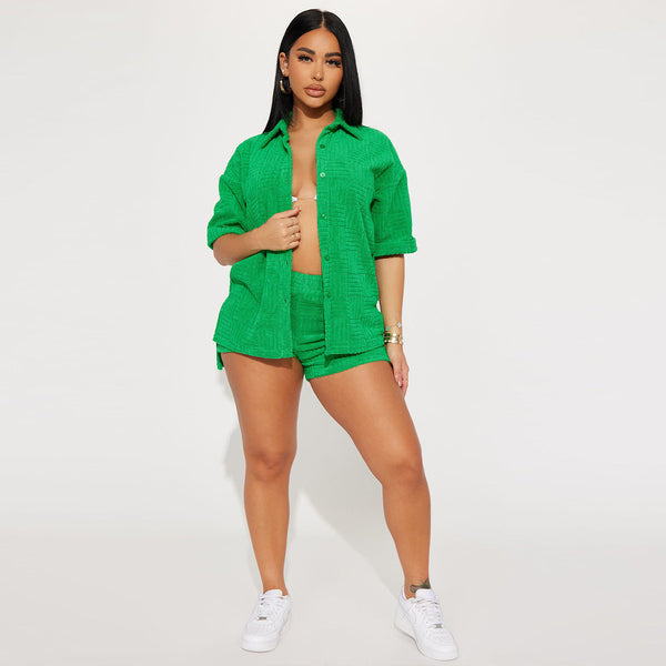 Jacquard Turndown Collar Shirt & Shorts Set for Spring Casual Wear