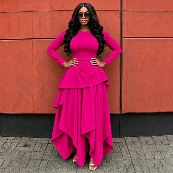 Round Neck Long Sleeve Ruffle Hem Irregular Flare Dress for Casual Wear