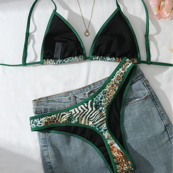 Green Leopard Print Slim Fit Two-Piece Bikini Swimsuit