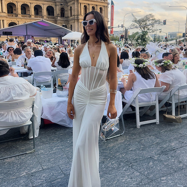 Halter Neck Ruched Cut-Out Low Back Dress for Formal Parties