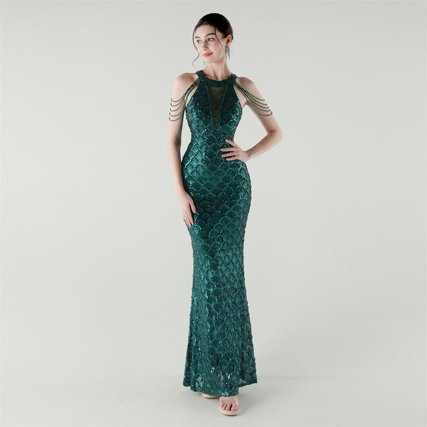 Round Neck Hollow Chain Fishtail Sequin Dress Luxury Formal Party Gown