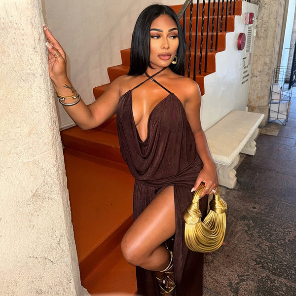 Solid Deep V Halter Split Irregular Dress for Parties