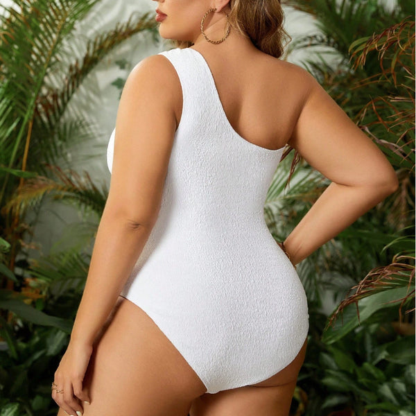 Plus Size Textured Asymmetrical Slash Shoulder Cut-Out One-Piece Swimsuit
