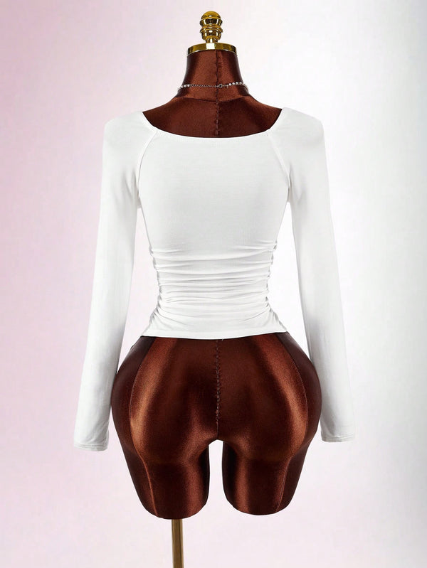Stretchy V-Neck Patchwork Long Sleeve Top for Casual Wear