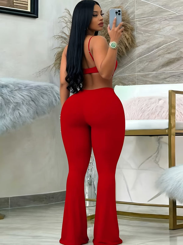 Knitted Camisole Top & Hollow-Out Bell Bottom Pants Set for Spring & Summer