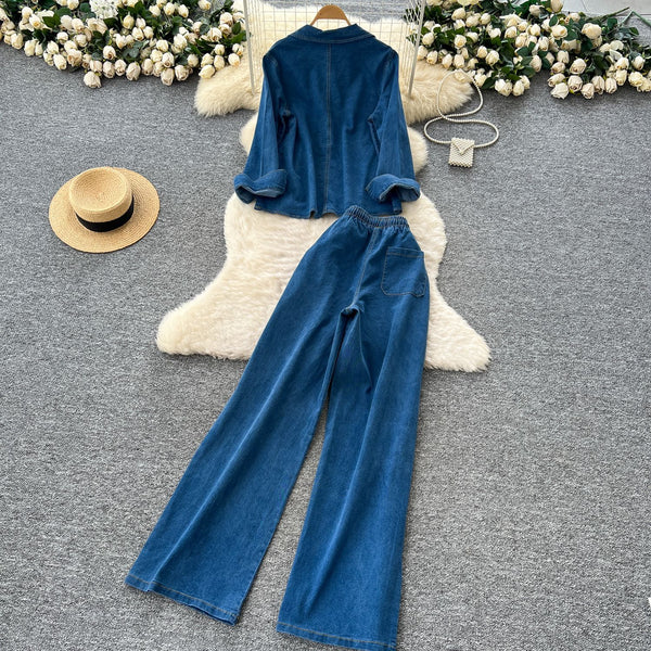 Turndown Collar Long-Sleeve Denim Top & Wide-Leg Pants Two-Piece Set for Casual Wear