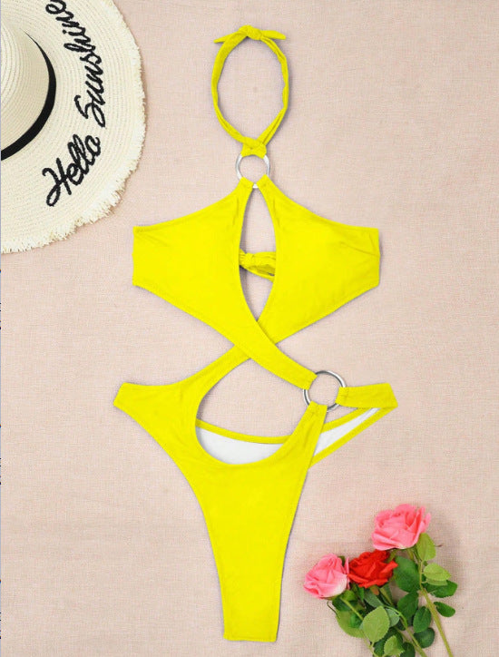 One-Piece Halter Neck Lace-Up Cutout Push-Up Swimsuit for Summer Beachwear