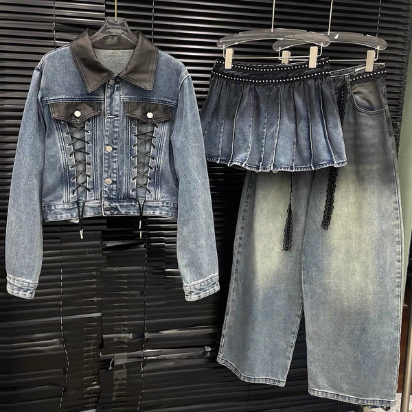Denim Patchwork Lace-Up Top Skirt & Pants 3-Piece Set for Spring
