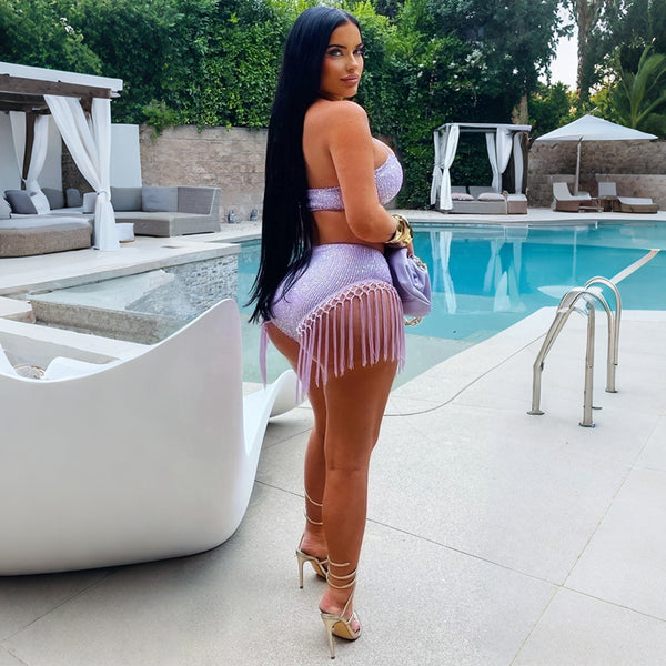 Halter Neck Strapless Tassel Shorts Set for Party Wear