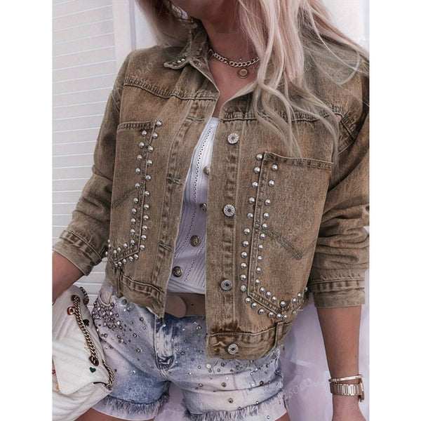 Women's Studded Denim Jacket Long Sleeve Turndown Collar Khaki Jacket