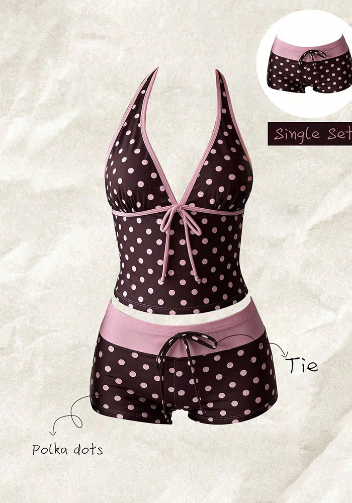 Polka Dot Lace-Up Bikini Swimsuit for Beachwear