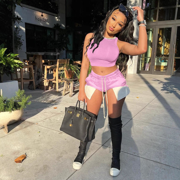 Sleeveless Tank Top & Side Slit Drawstring Shorts Two-Piece Set