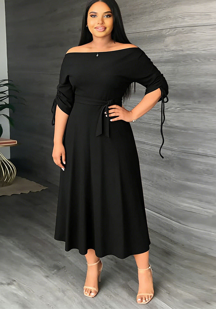 Off-Shoulder Lace-Up Slim Fit Half Sleeve A-Line Midi Dress