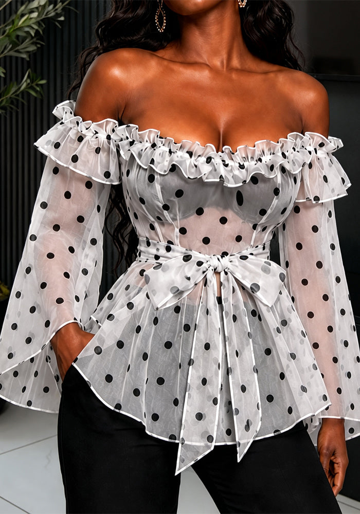 Off-Shoulder Tie Polka Dot Mesh See-Through Blouse