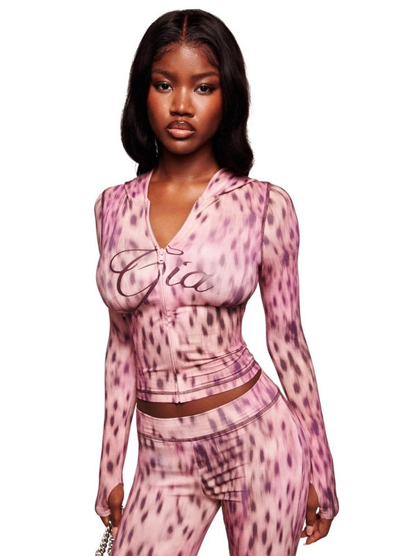 Leopard Print Zipper Jacket & Pants Two-Piece Set for Casual Wear