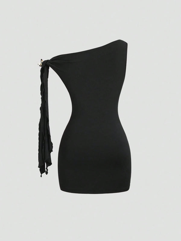 Slash Shoulder Strap Metallic Bodycon Dress for Evening Parties