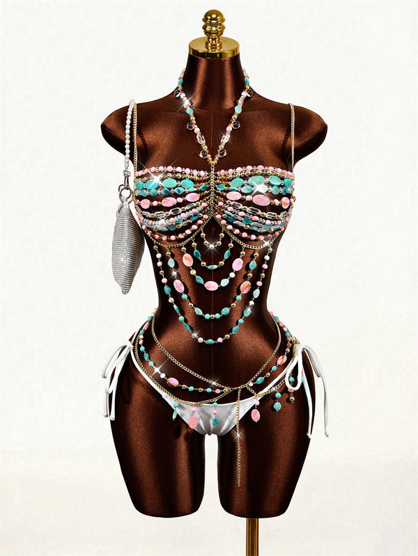 Gemstone Halter Beaded Body Chain Bra for Festivals & Parties