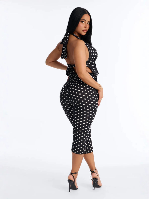 Polka Dot Printed Halter Low Back Shorts Set for Summer Parties