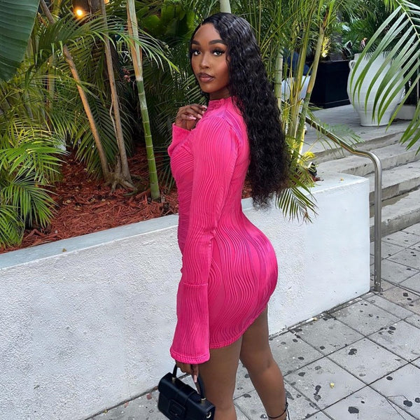 Women Spring Solid Round Neck Long-sleeved Water Wave Sexy Bodycon Dress