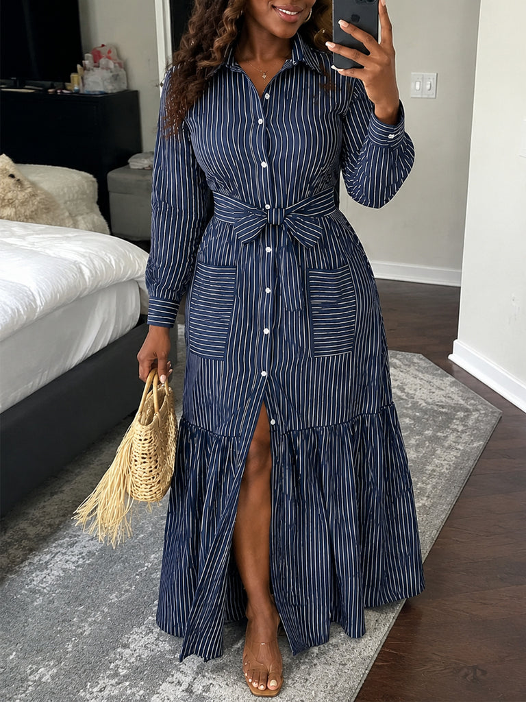Long Sleeve Turndown Collar Tie Maxi Dress