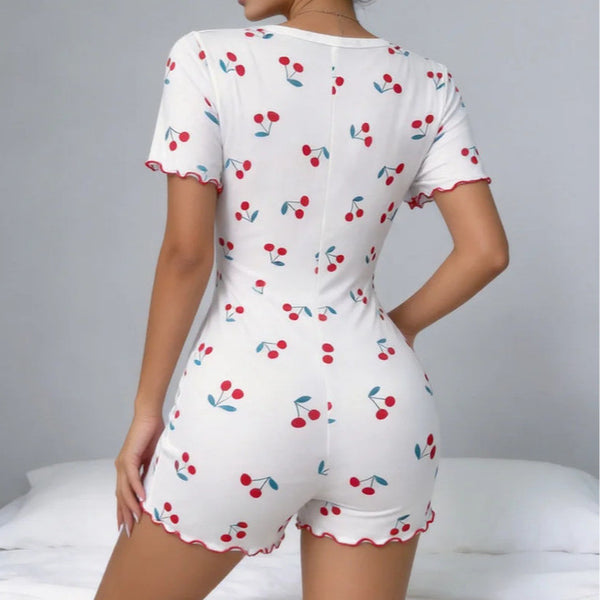 Button Printed Short Sleeve Pajama Romper for Loungewear