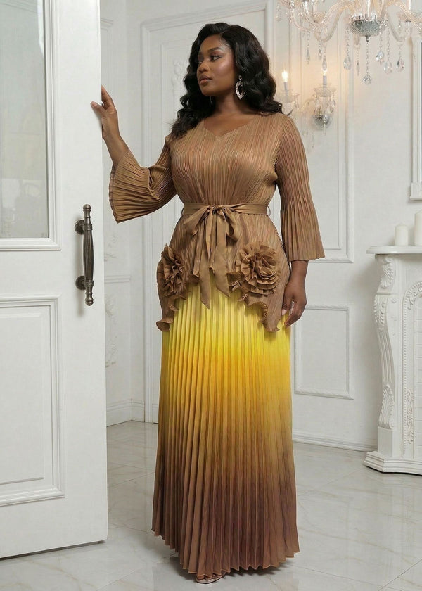 Plus Size Pleated Gradient Irregular Top & Midi Skirt Set for Events