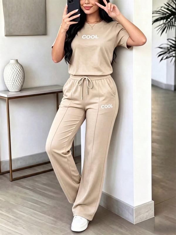 Letter Print Round Neck Short Sleeve T-Shirt & Pants Set for Spring & Summer
